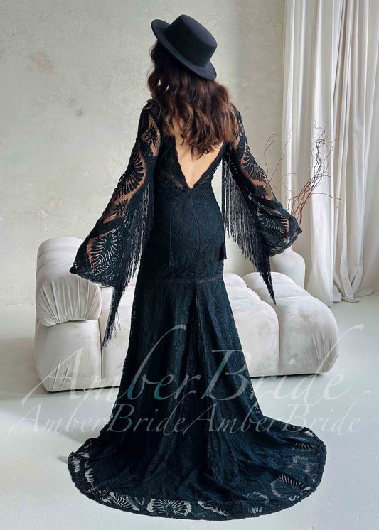 Bohemian Black Lace Wedding Dress with Fringe Sleeves