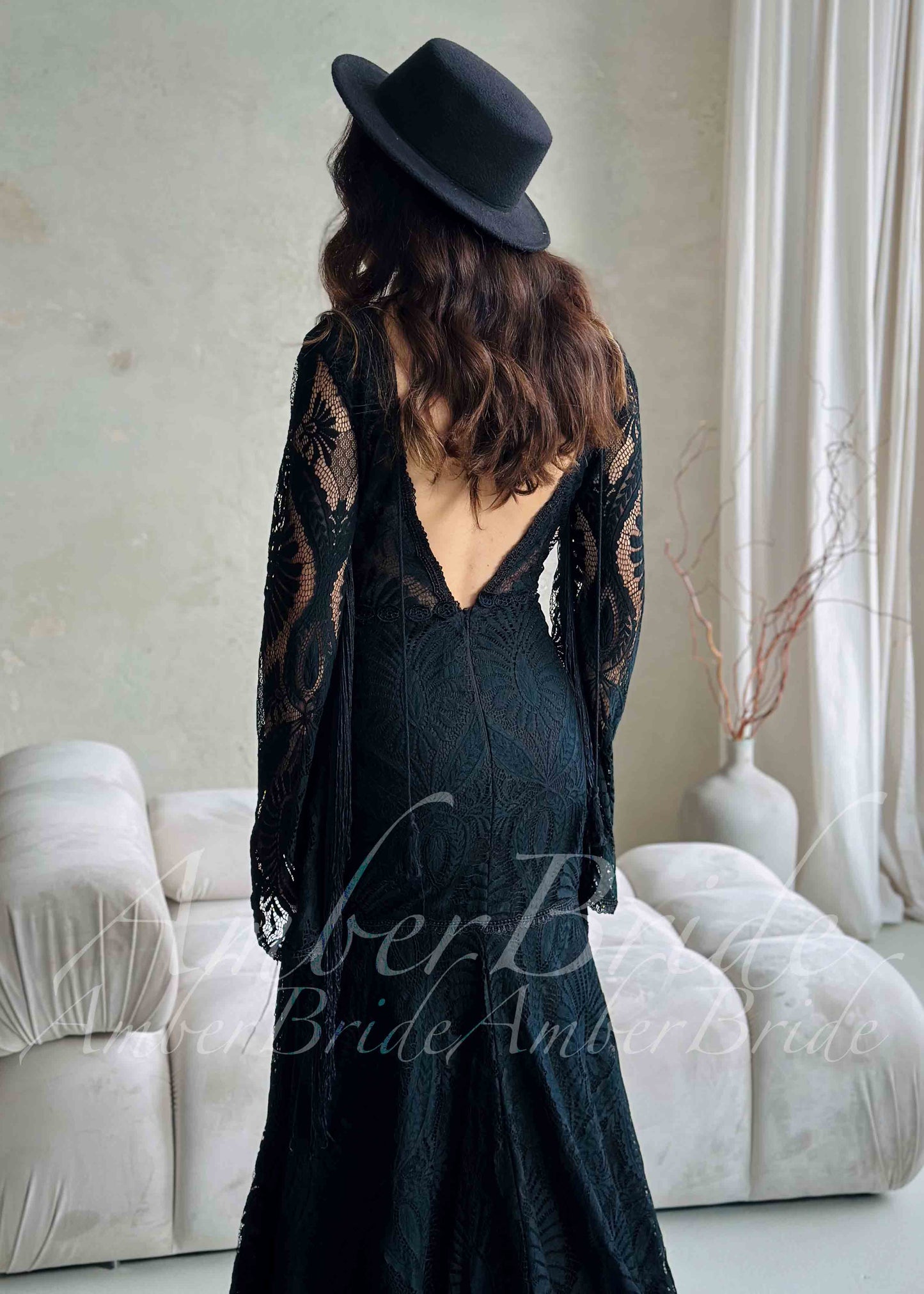 Bohemian Black Lace Wedding Dress with Fringe Sleeves | AmberBride Bohemian Black Lace Wedding Dress with Fringe Sleeves | AmberBride