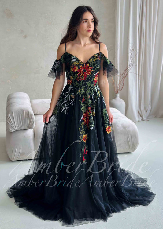 Black Floral Embroidered Wedding Dress with Off-Shoulder Tulle Sleeves