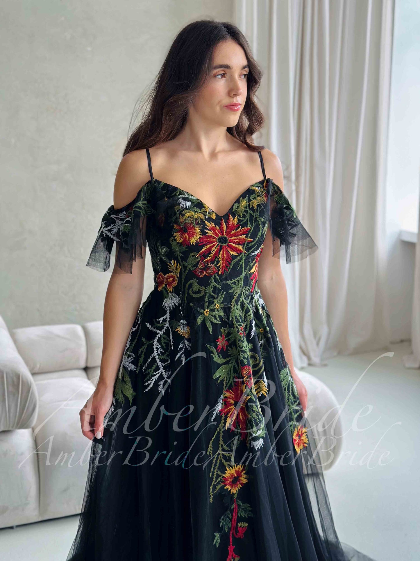 Black Floral Embroidered Wedding Dress with Off-Shoulder Tulle Sleeves