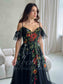 Black Floral Embroidered Wedding Dress with Off-Shoulder Tulle Sleeves