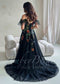 Black Floral Embroidered Wedding Dress with Off-Shoulder Tulle Sleeves