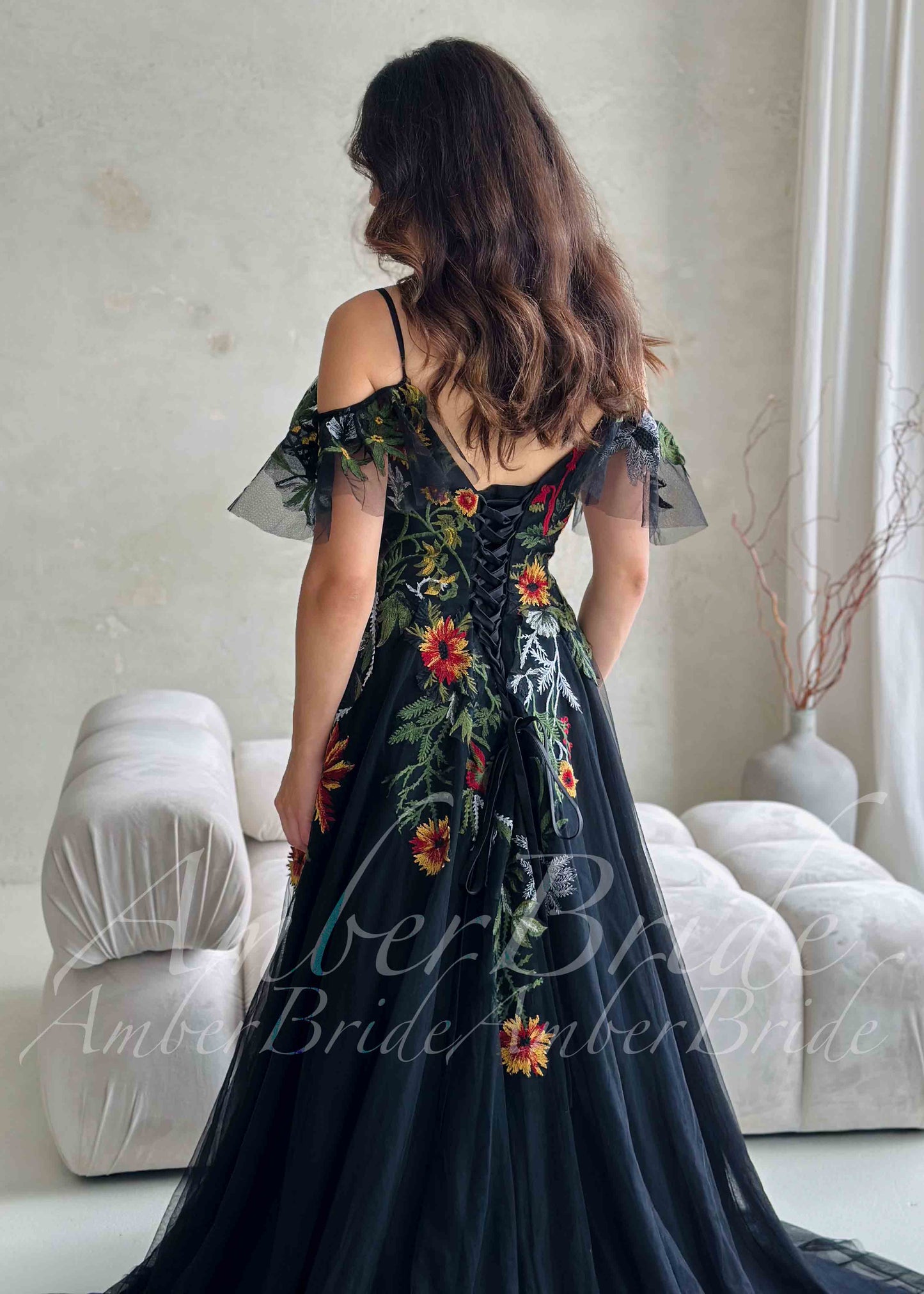 Black Floral Embroidered Wedding Dress with Off-Shoulder Tulle Sleeves