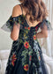 Black Floral Embroidered Wedding Dress with Off-Shoulder Tulle Sleeves