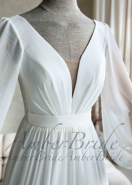 Elegant Flowy Chiffon Wedding Dress with Long Puffy Sleeve and Open Back
