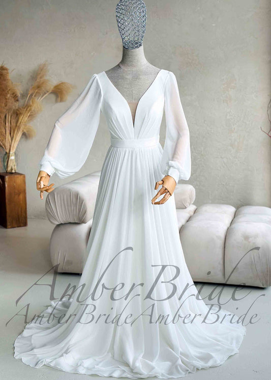 Elegant Flowy Chiffon Wedding Dress with Long Puffy Sleeve and Open Back