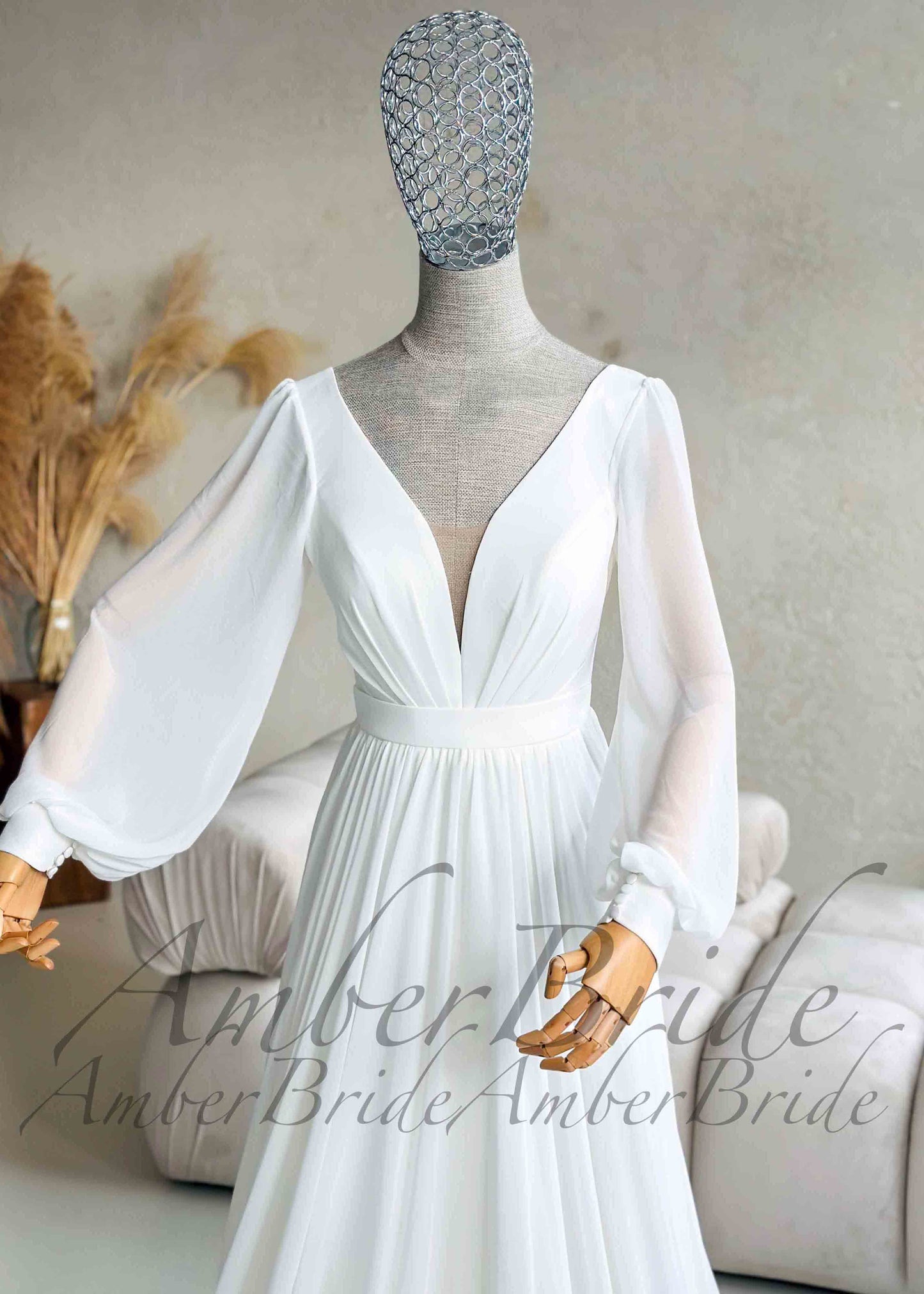 Elegant Flowy Chiffon Wedding Dress with Long Puffy Sleeve and Open Back
