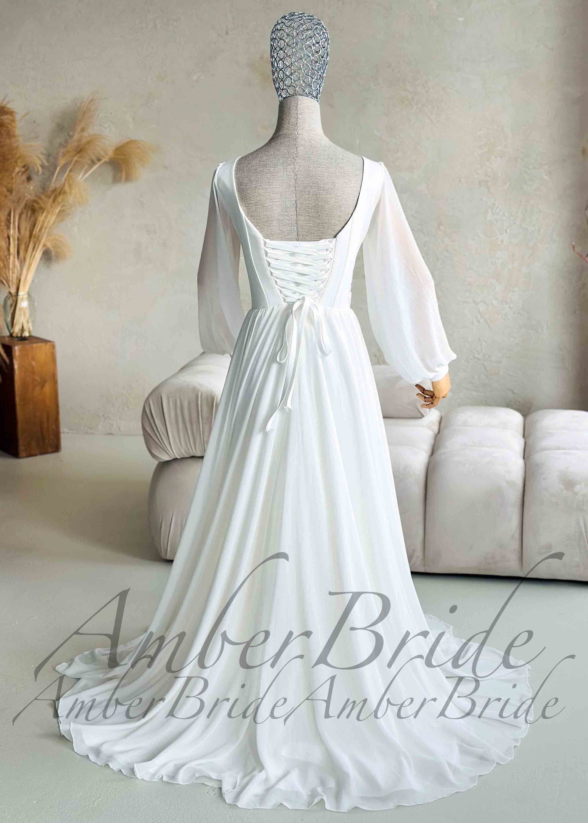 Elegant Flowy Chiffon Wedding Dress with Long Puffy Sleeve and Open Back