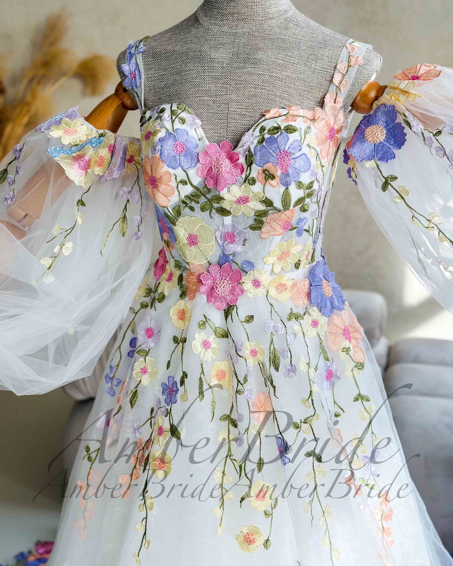 Colorful Floral Wedding Dress with Detachable Puffy Sleeves