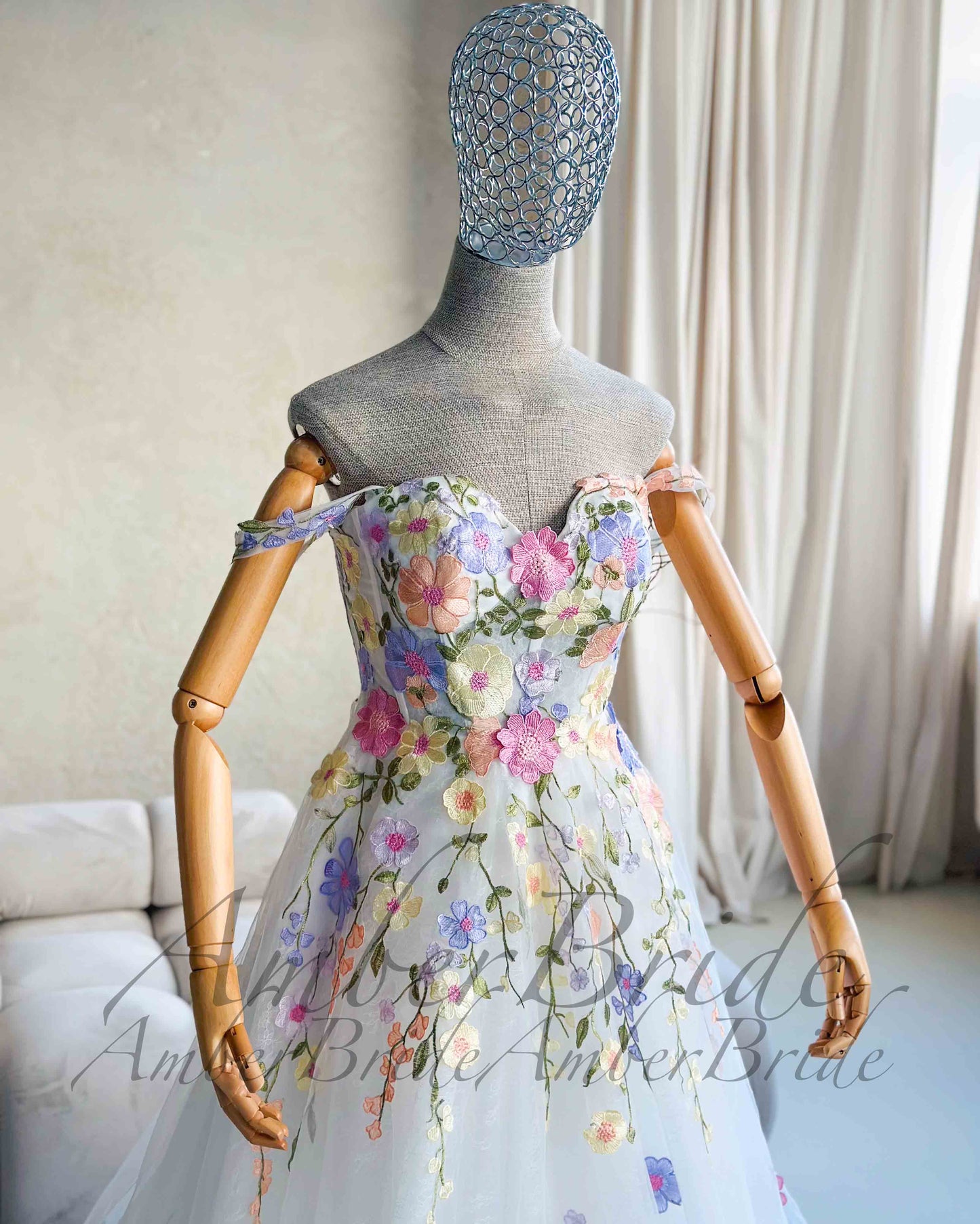 Colorful Floral Wedding Dress with Detachable Puffy Sleeves