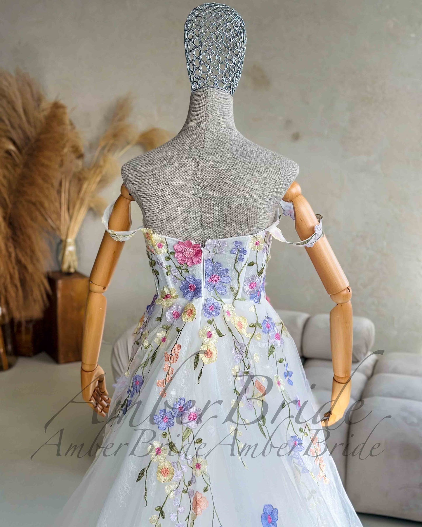 Colorful Floral Wedding Dress with Detachable Puffy Sleeves