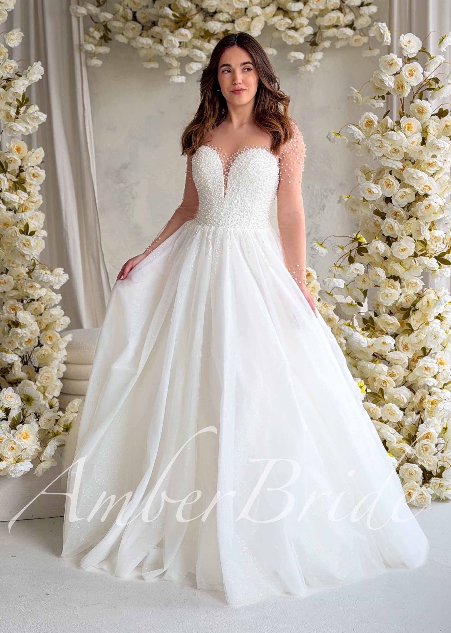 Luxury A-Line Tulle Wedding Dress with Heavy Pearl Beaded Bodice and Long Illusion Sleeves