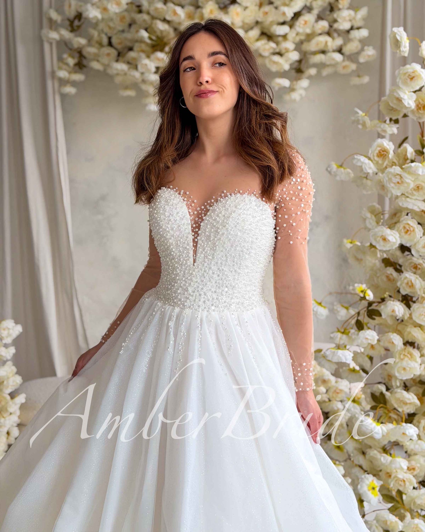 STOCK SELL-OUT: Luxury A-Line Tulle Wedding Dress with Heavy Pearl Beaded Bodice and Long Illusion Sleeves