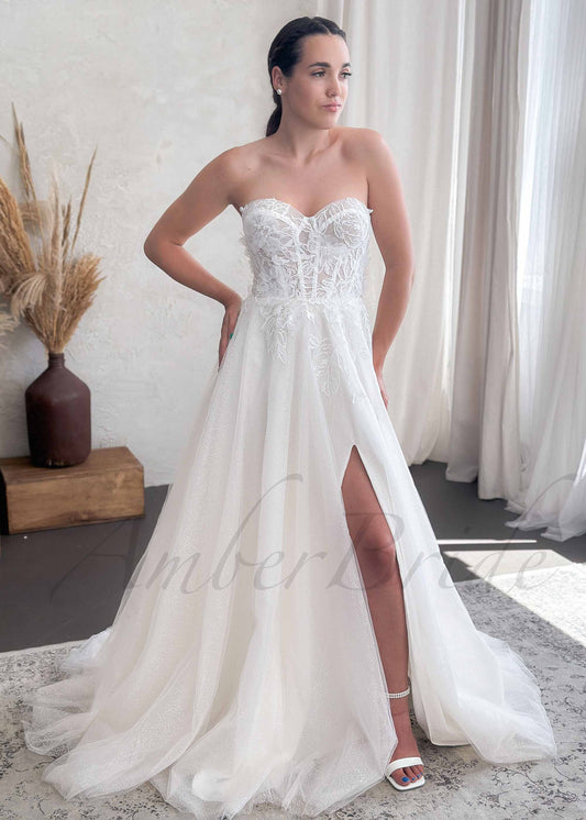 Romantic A Line Tulle Wedding Dress with Detachable Off Shoulder Sleeves