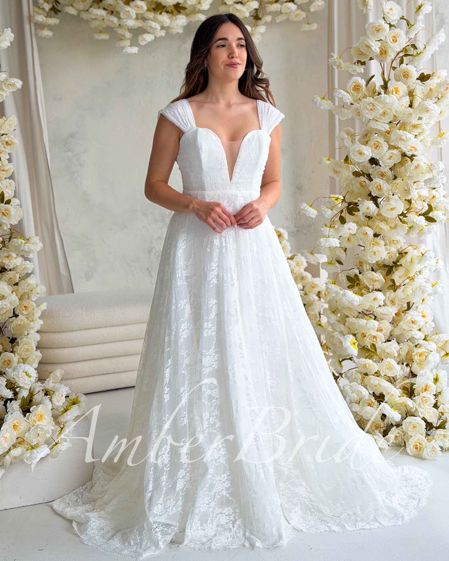 STOCK SELL-OUT: Romantic A-Line Lace Wedding Dress with Off-Shoulder Sleeves and Deep V-Neckline