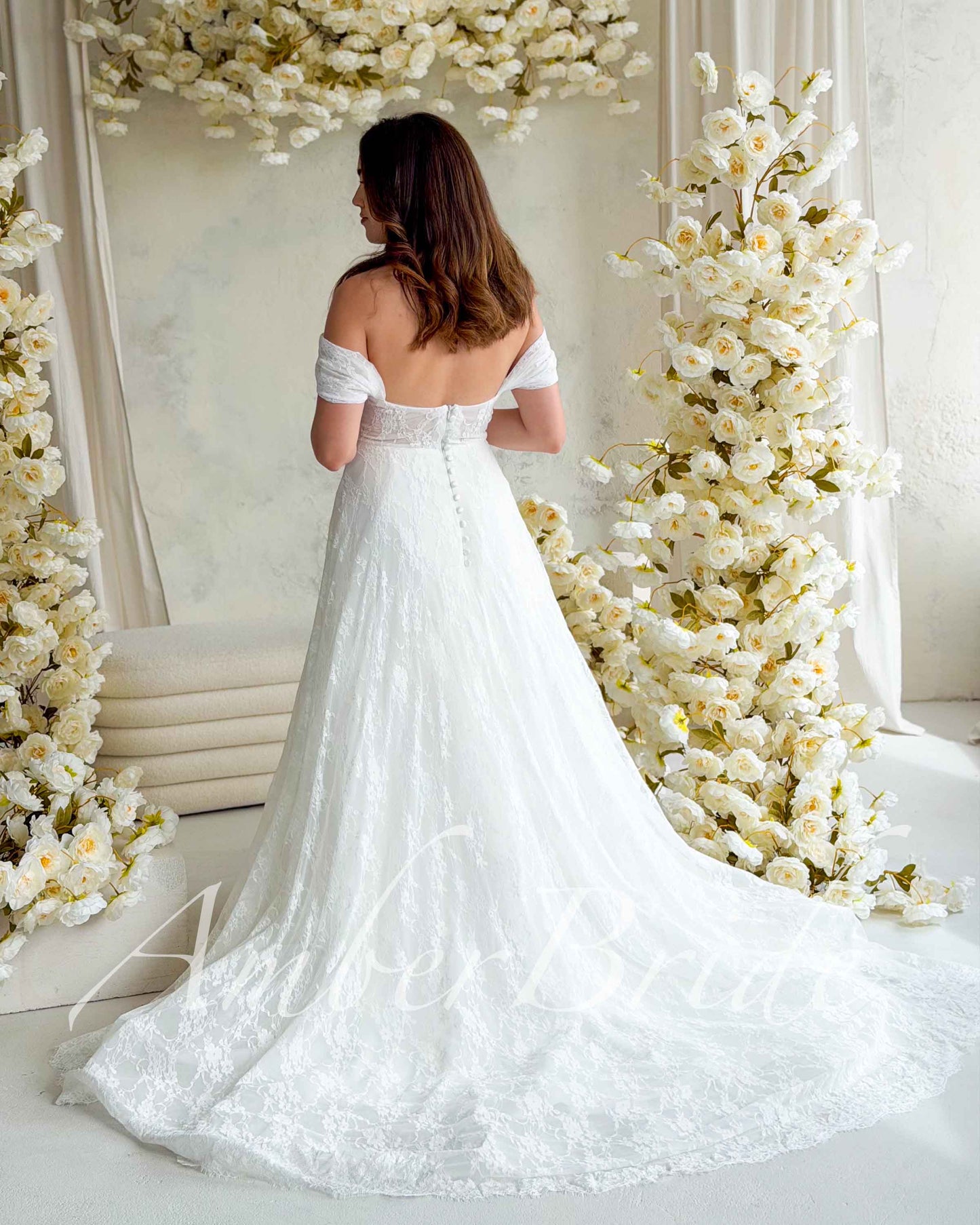 STOCK SELL-OUT: Romantic A-Line Lace Wedding Dress with Off-Shoulder Sleeves and Deep V-Neckline