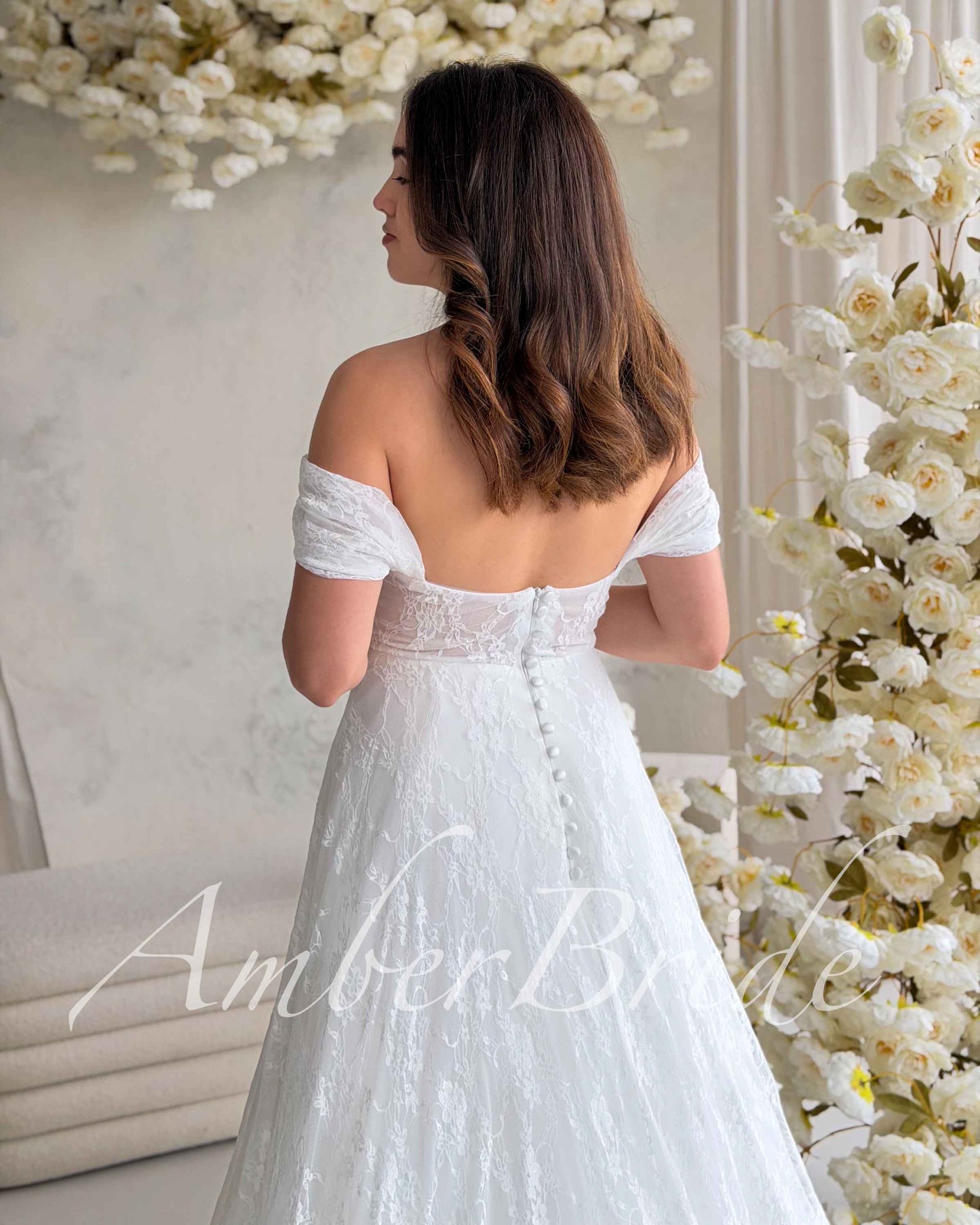 STOCK SELL-OUT: Romantic A-Line Lace Wedding Dress with Off-Shoulder Sleeves and Deep V-Neckline