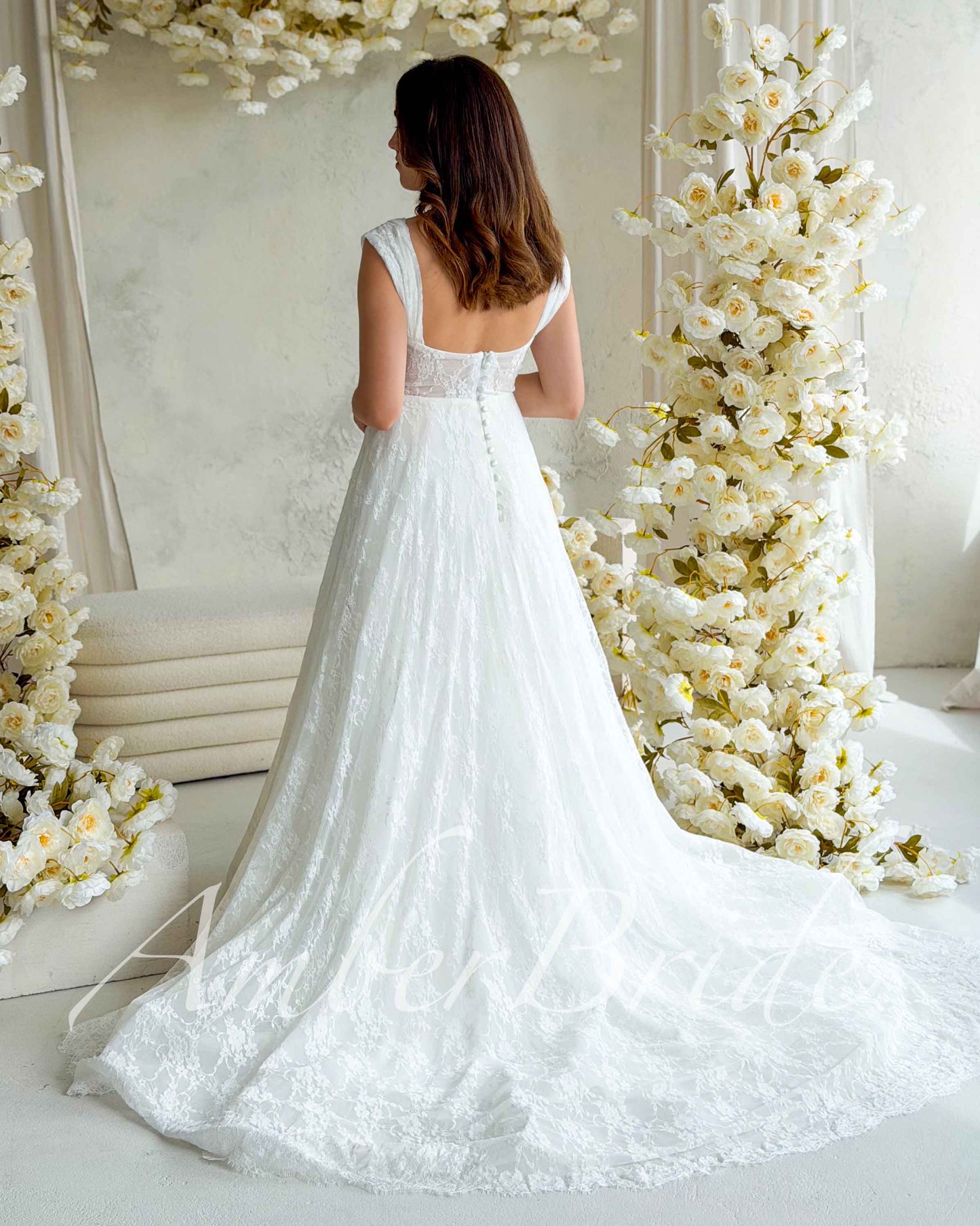 STOCK SELL-OUT: Romantic A-Line Lace Wedding Dress with Off-Shoulder Sleeves and Deep V-Neckline