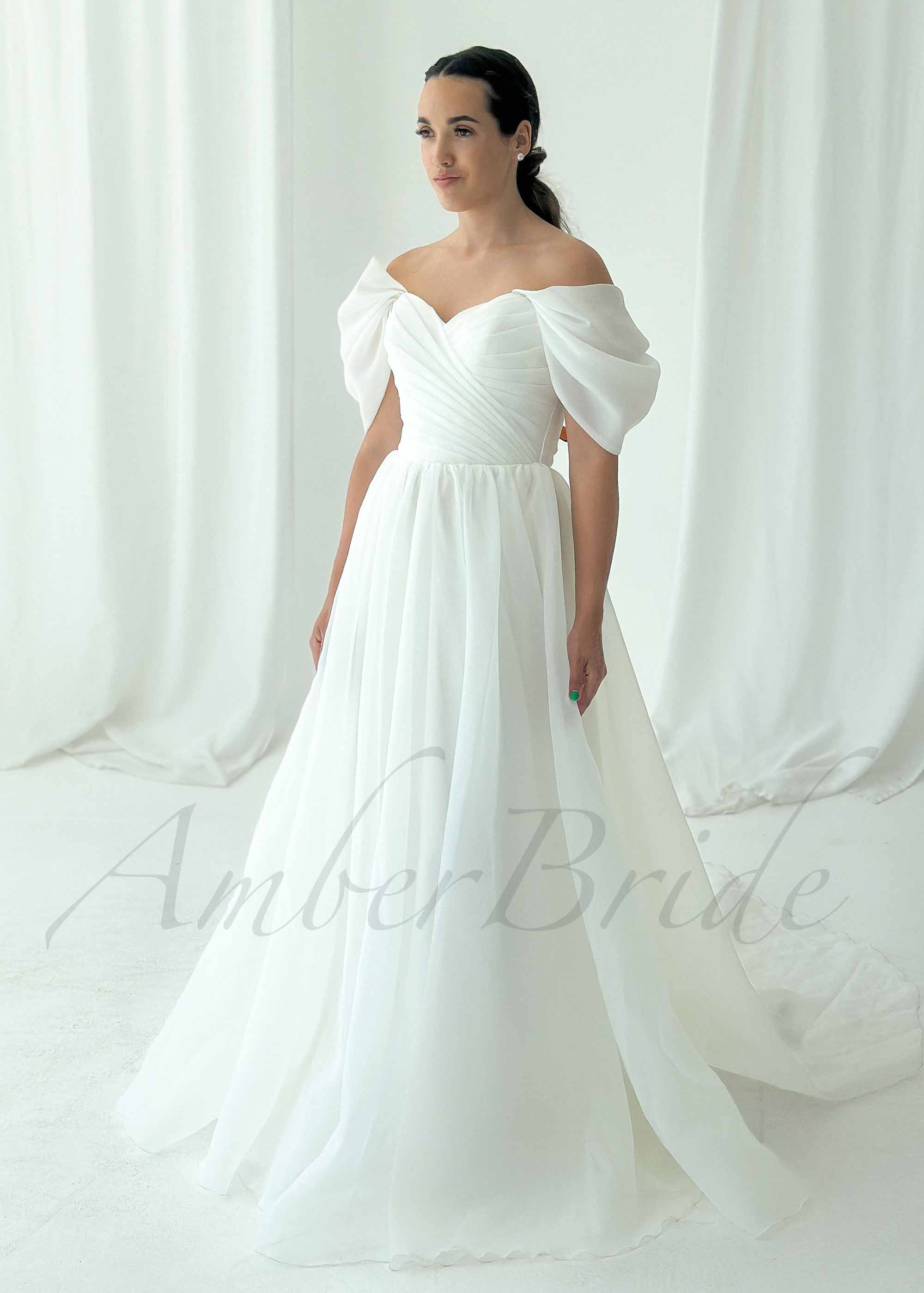 White Organza A-Line Wedding Bridal Gowns Off The Shoulder High Slit Bridal Dress