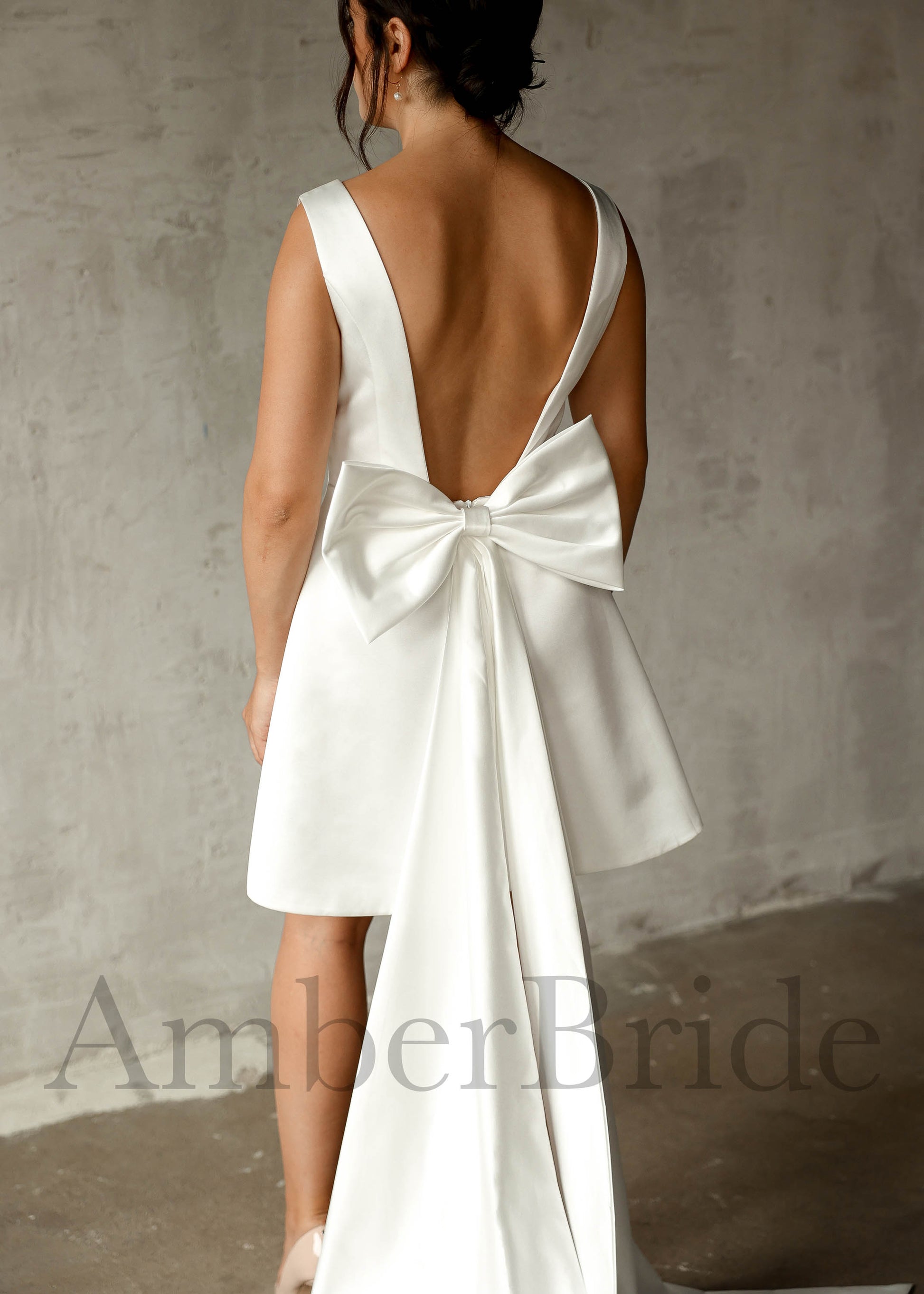 Simple Backless Short Wedding Dress | A Line Knee Length Satin Gown Simple Backless Short Wedding Dress | A Line Knee Length Satin Gown