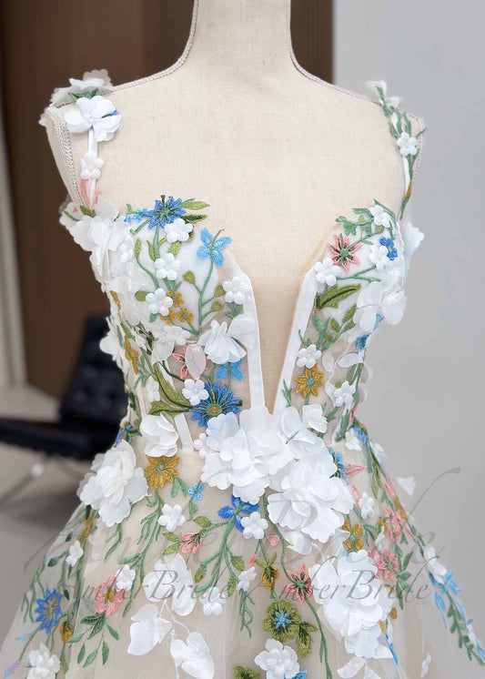 Rustic Floral Wedding Dress with Colorful Wildflower Appliques and Deep V-Neck