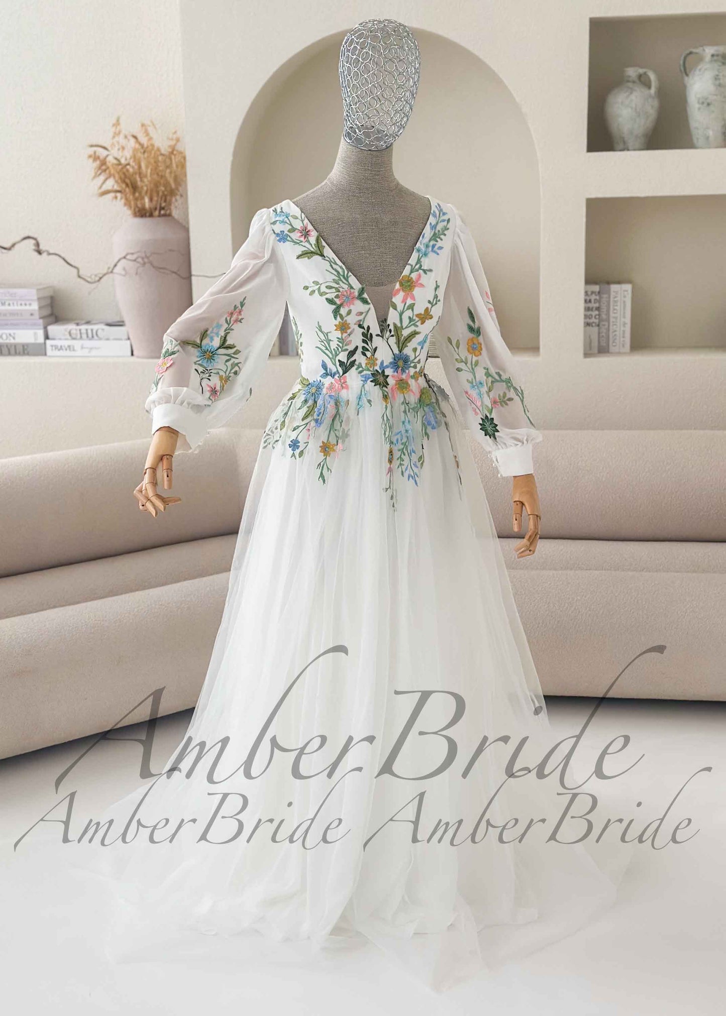 Romantic Colorful Floral Embroidered A-Line Tulle Wedding Dress