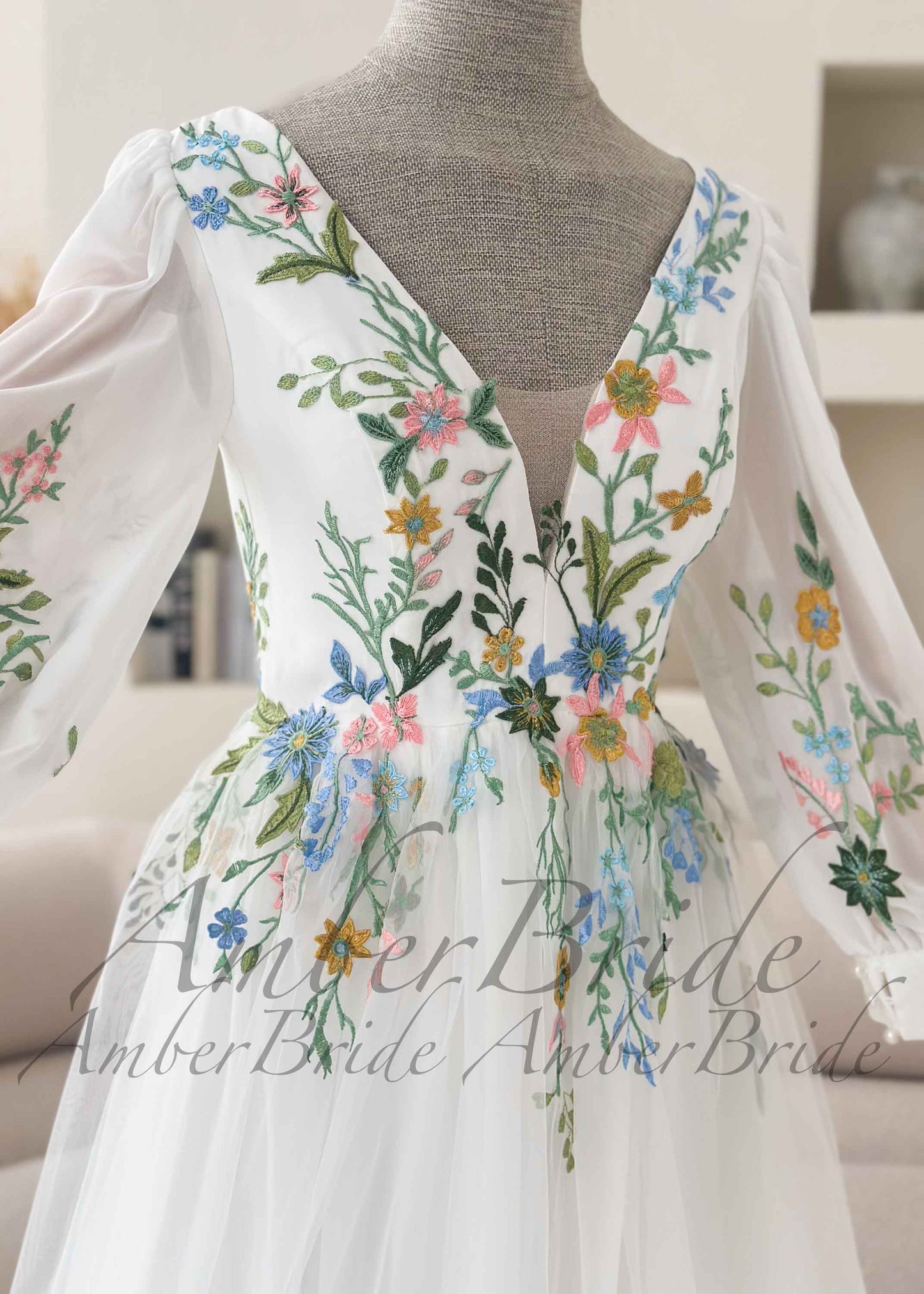 Romantic Colorful Floral Embroidered A-Line Tulle Wedding Dress