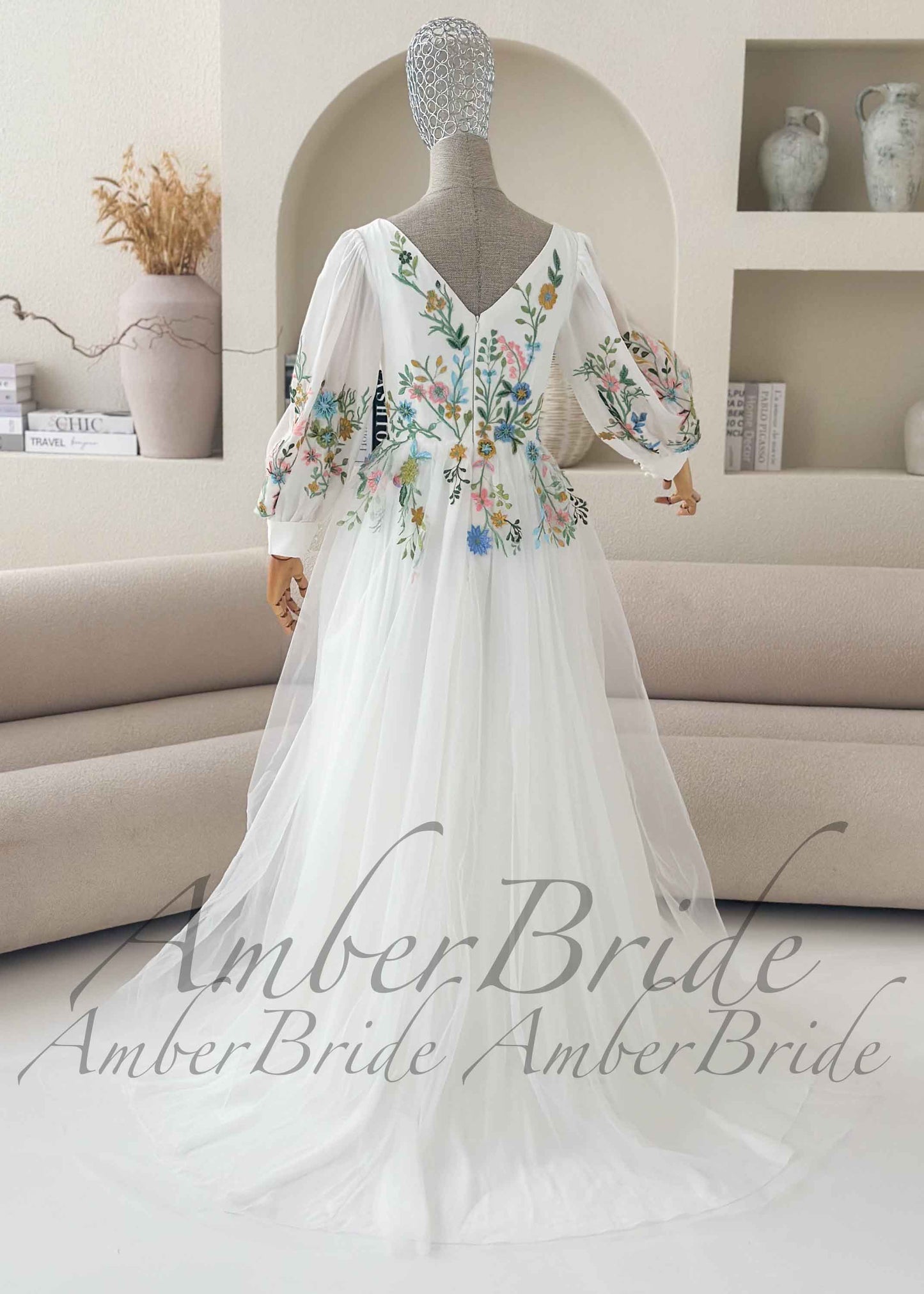 Romantic Colorful Floral Embroidered A-Line Tulle Wedding Dress