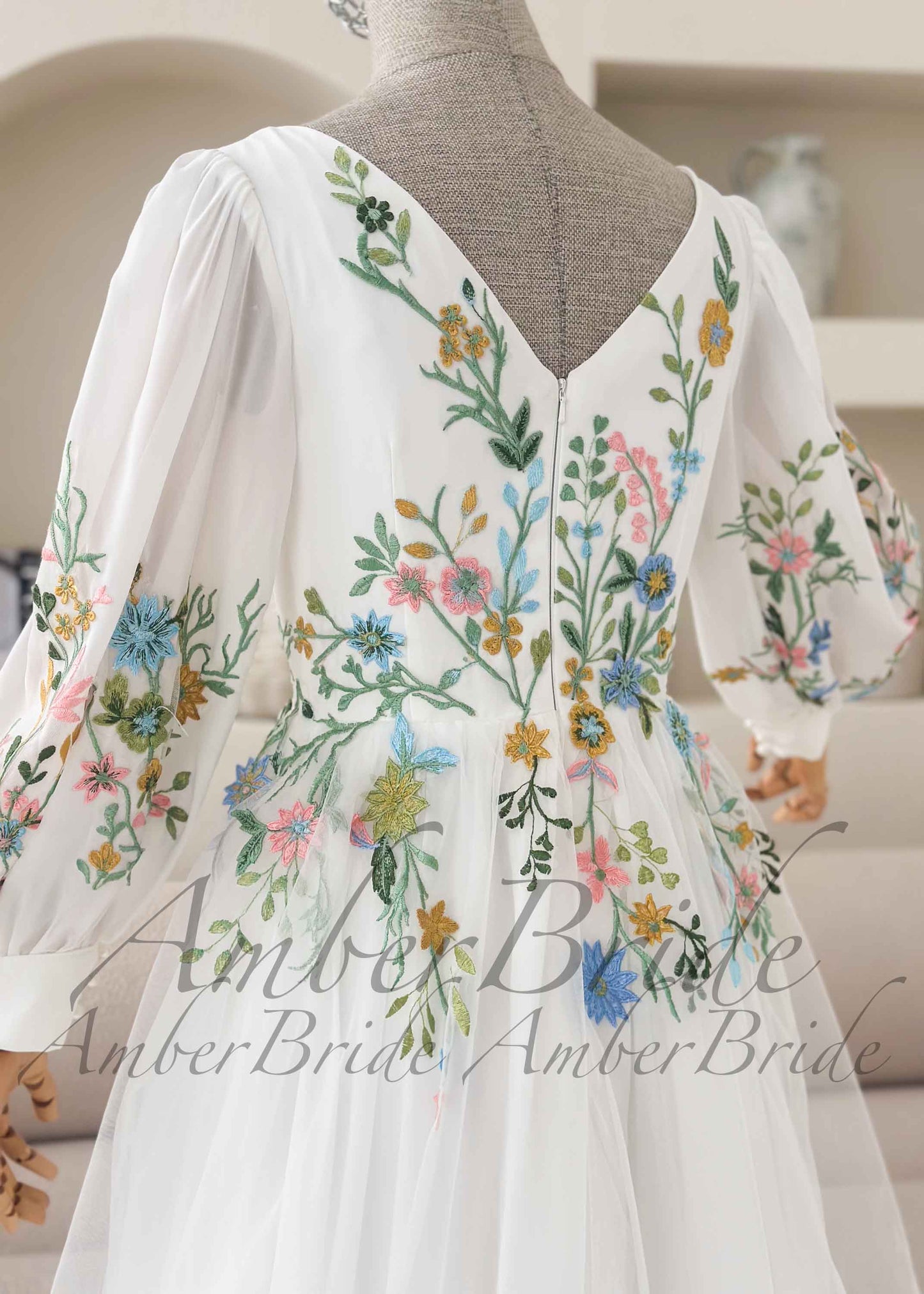 Romantic Colorful Floral Embroidered A-Line Tulle Wedding Dress