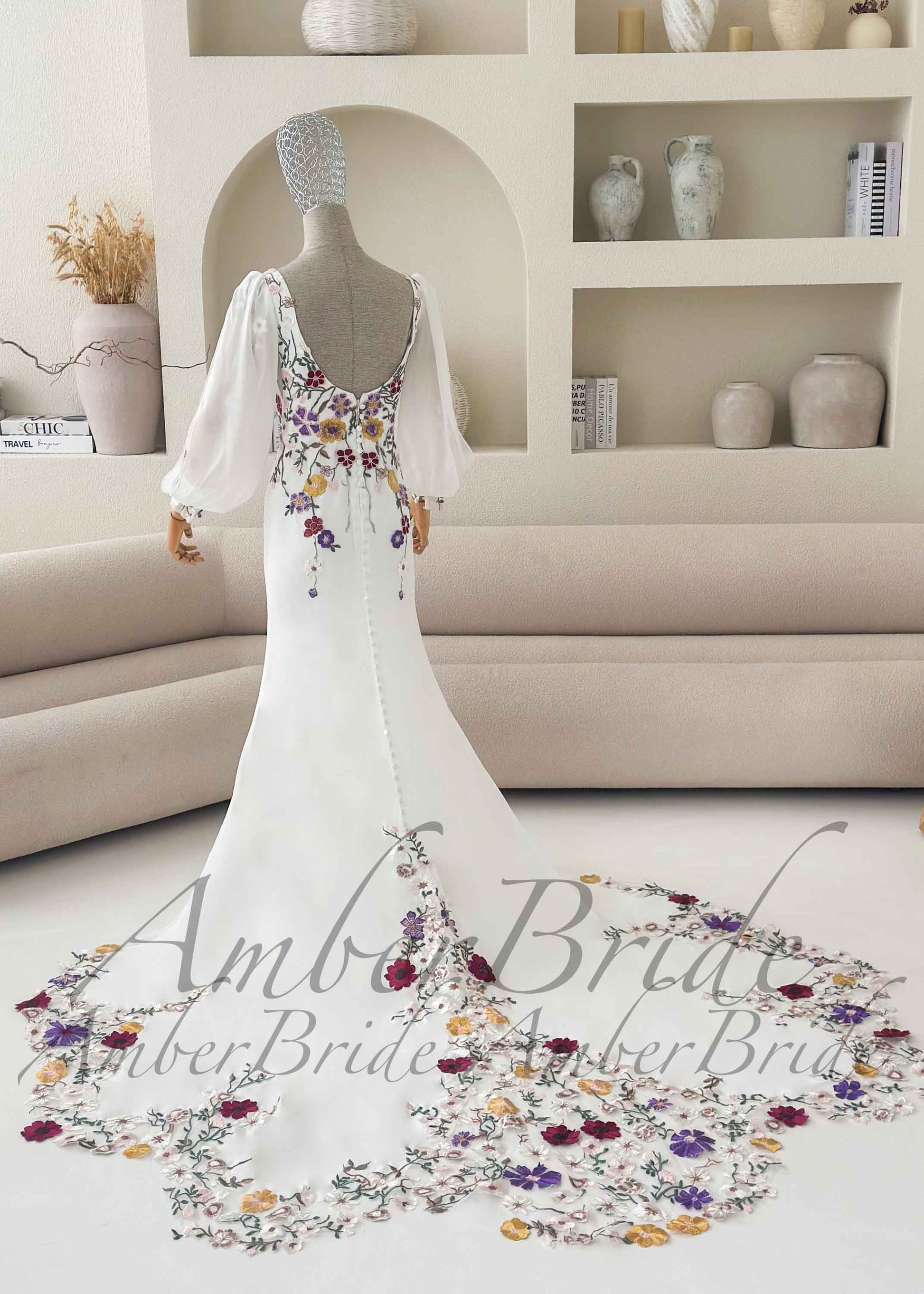 Modern Floral Embroidery Mermaid Wedding Dress with Long Puff Sleeves,  $449.00