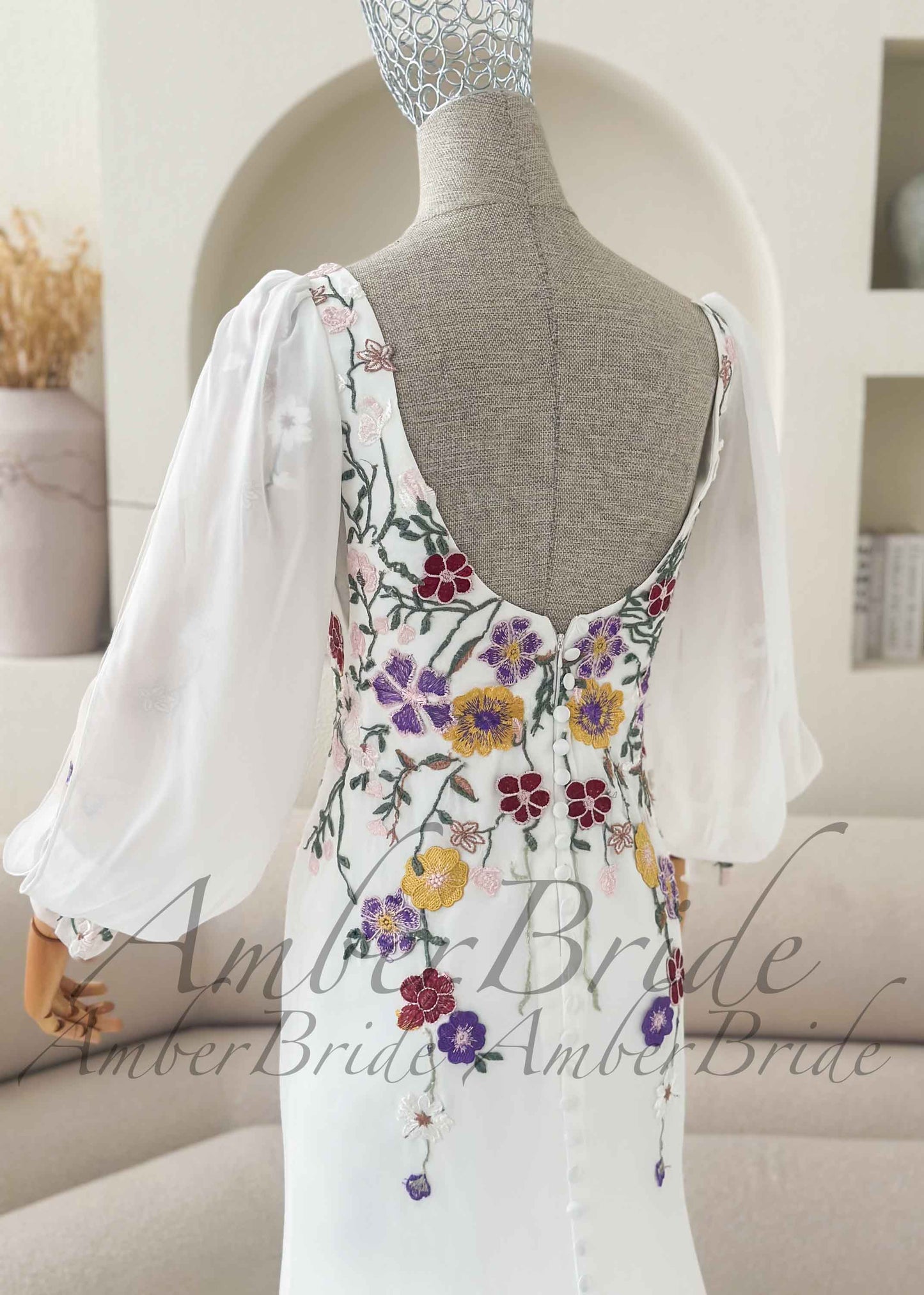 Modern Mermaid Wedding Dress with Multicolored Floral Embroidery and Long Puff Sleeves
