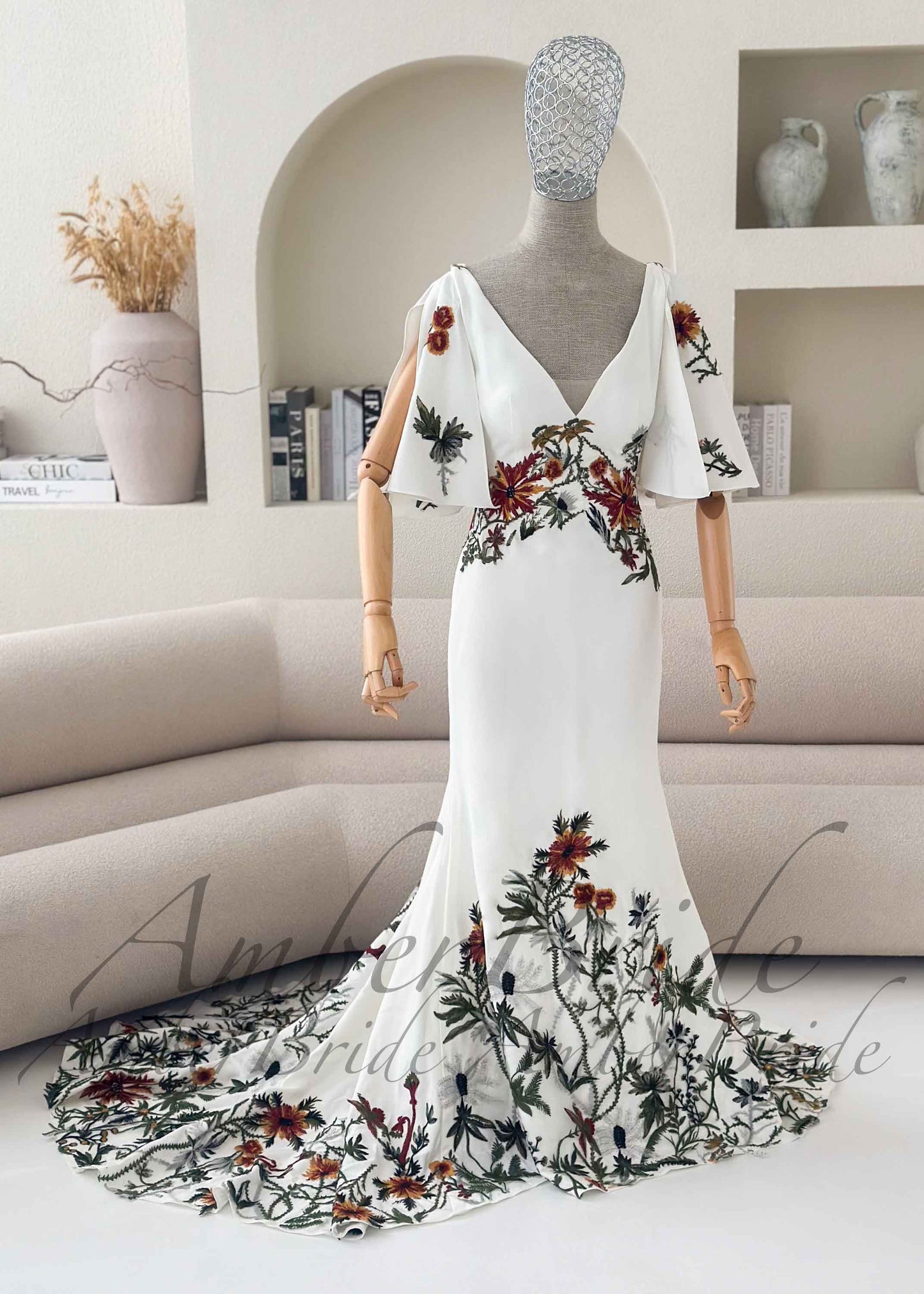 Bohemian Crepe Mermaid Wedding Dress with Earthy Floral Embroidery and Detachable Flutter Sleeves