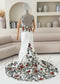Bohemian Crepe Mermaid Wedding Dress with Earthy Floral Embroidery and Detachable Flutter Sleeves