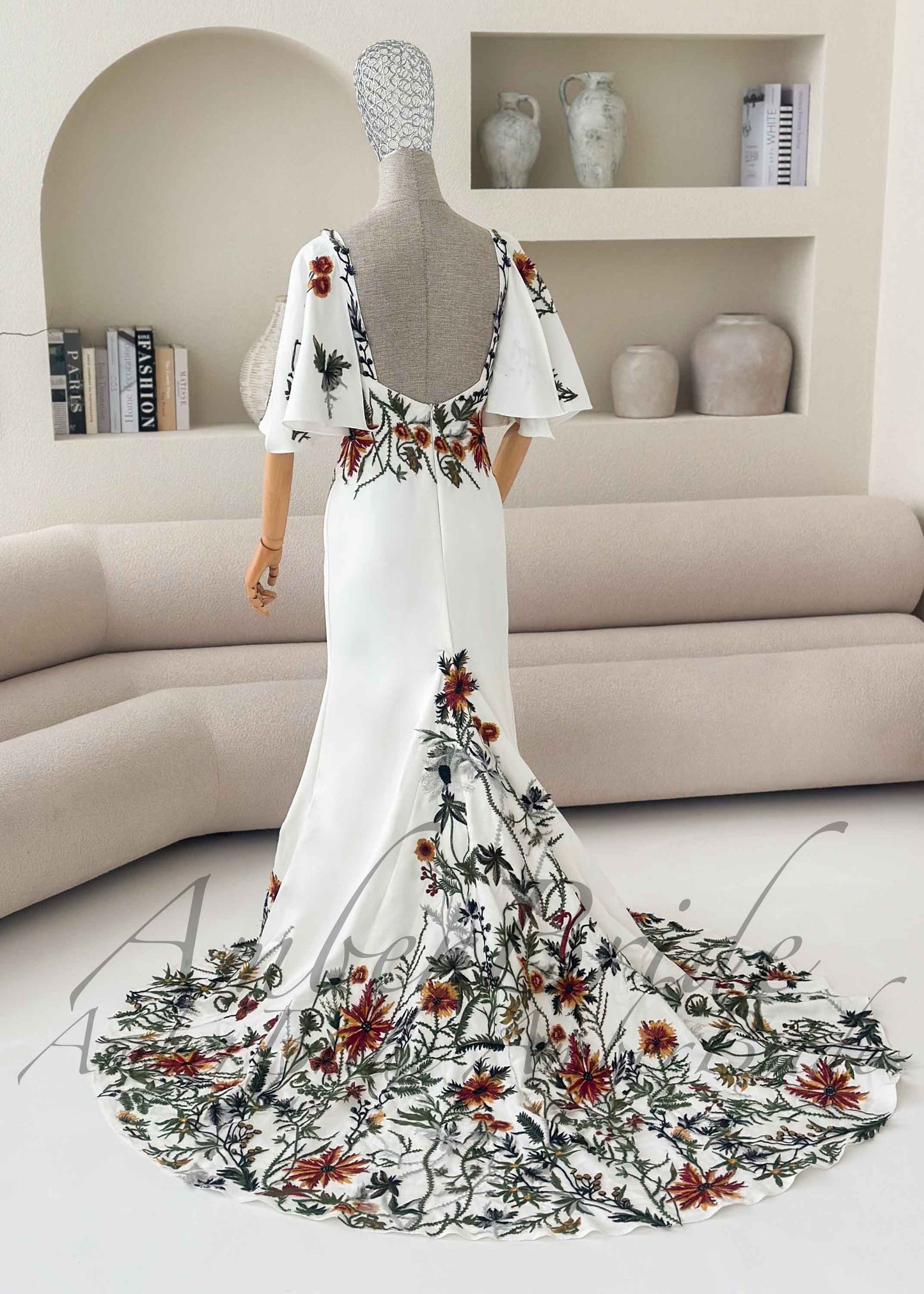 Bohemian Crepe Mermaid Wedding Dress with Earthy Floral Embroidery and Detachable Flutter Sleeves