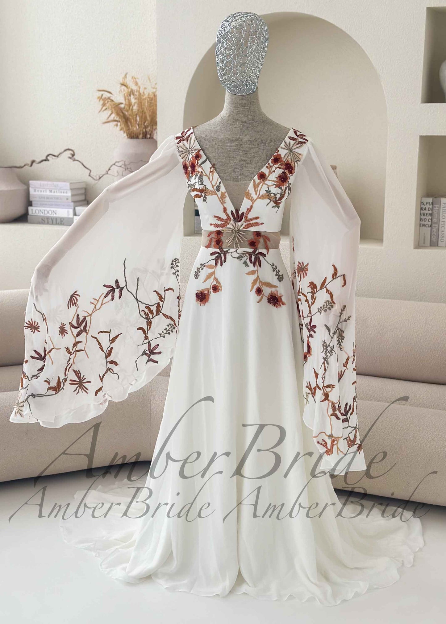 Bohemian Rust Floral Embroidered Wedding Dress with Dramatic Wing Sleeves