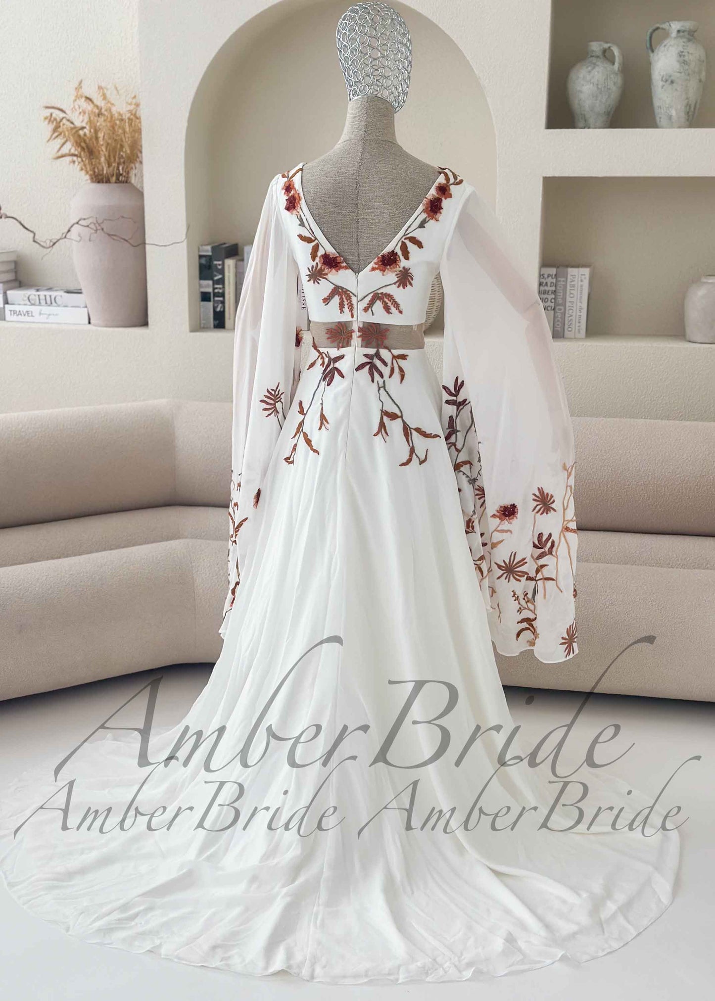 Bohemian Rust Floral Embroidered Wedding Dress with Dramatic Wing Sleeves