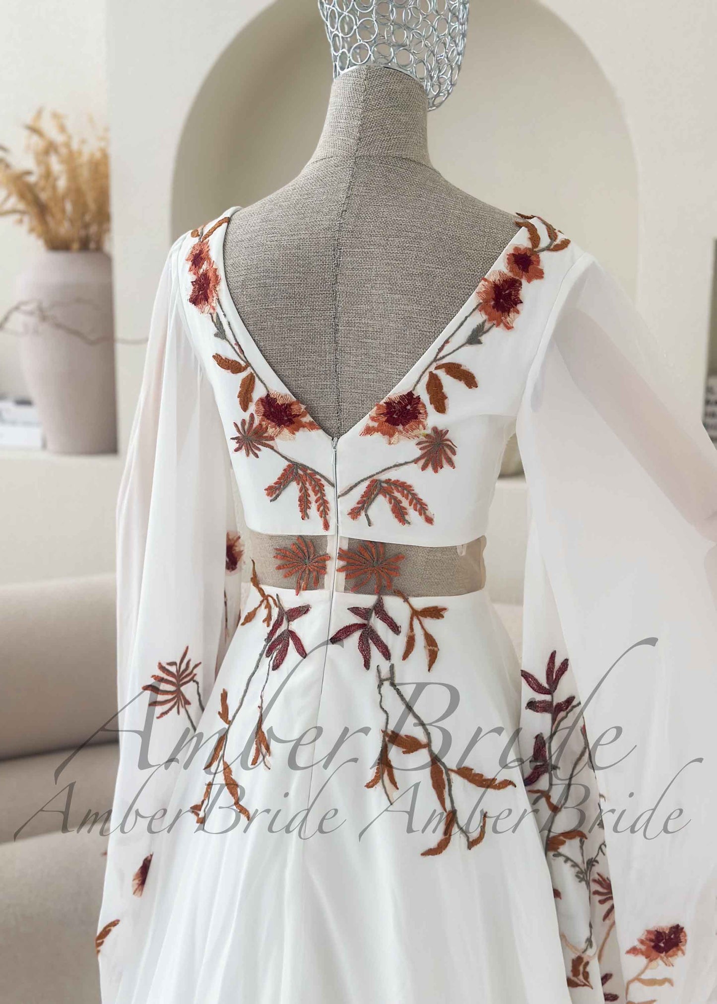 Bohemian Rust Floral Embroidered Wedding Dress with Dramatic Wing Sleeves