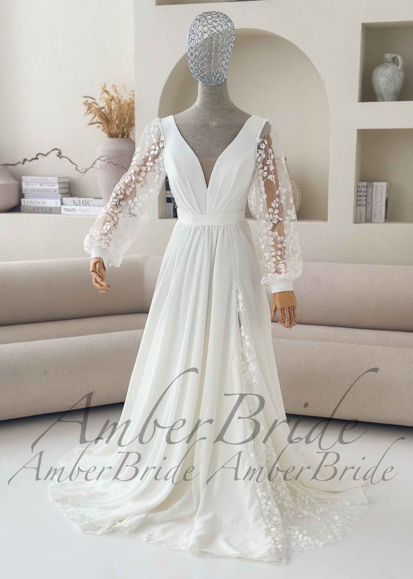 Minimalist Chiffon A-Line Wedding Dress with Lace Slit and Bishop Sleeves