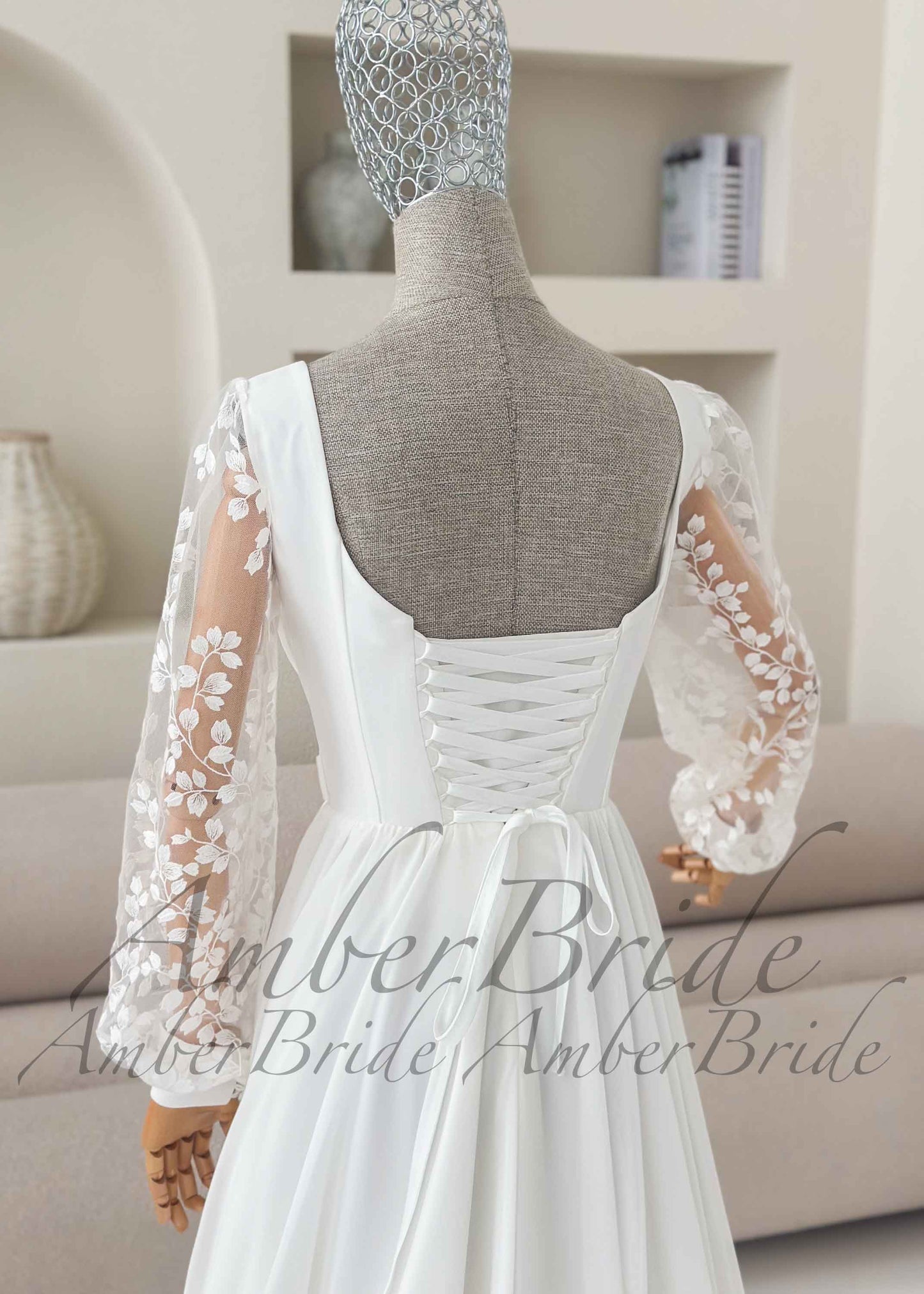 Minimalist Chiffon A-Line Wedding Dress with Lace Slit and Bishop Sleeves