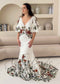 Bohemian Crepe Mermaid Wedding Dress with Earthy Floral Embroidery and Detachable Flutter Sleeves