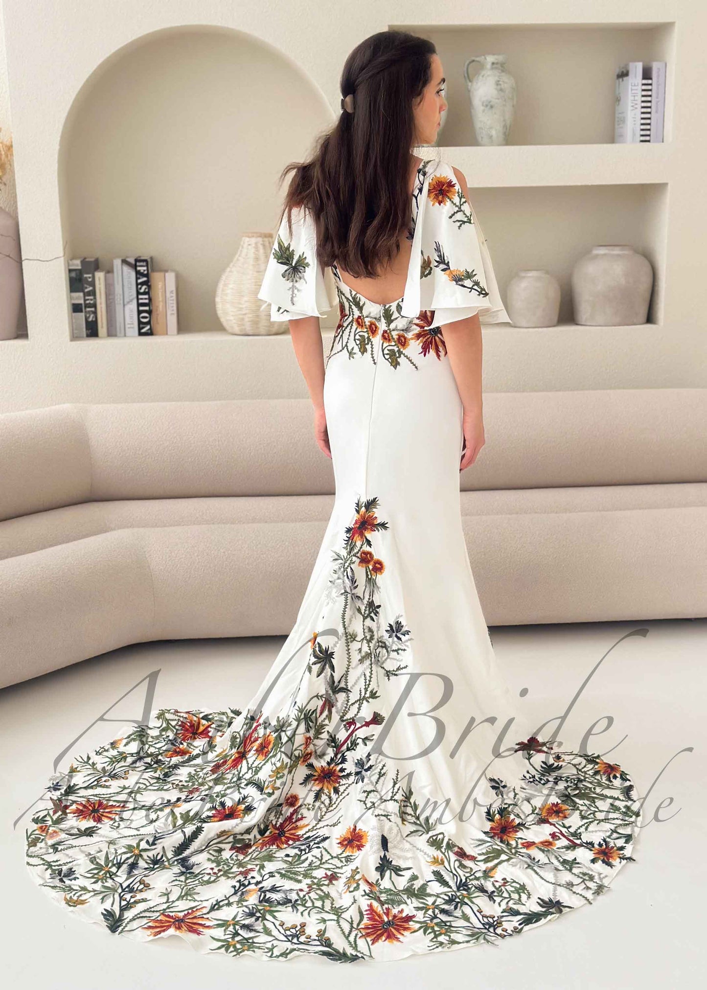 Bohemian Crepe Mermaid Wedding Dress with Earthy Floral Embroidery and Detachable Flutter Sleeves