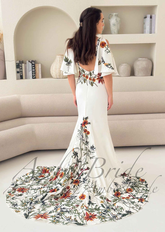 Bohemian Crepe Mermaid Wedding Dress with Earthy Floral Embroidery and Detachable Flutter Sleeves