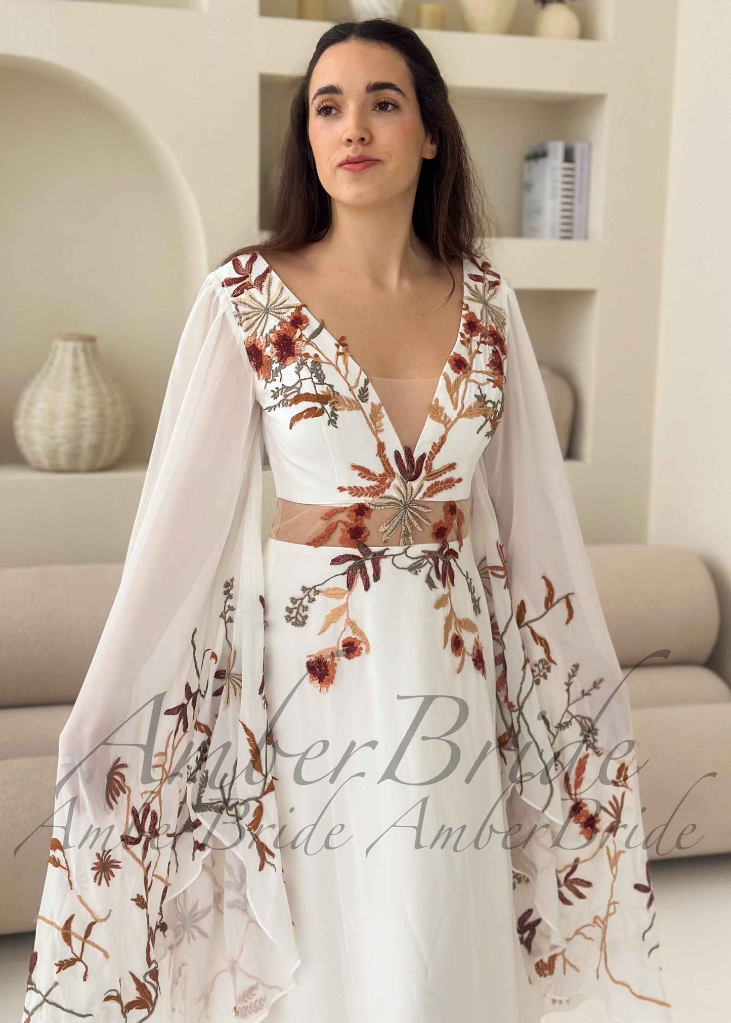Bohemian Rust Floral Embroidered Wedding Dress with Dramatic Wing Sleeves