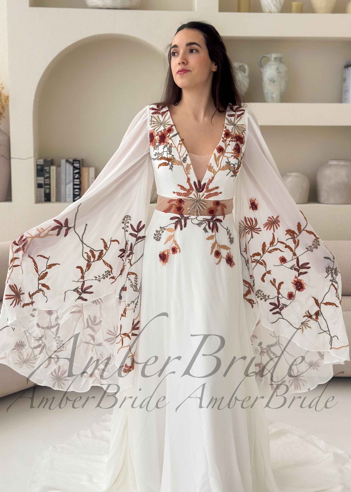 Bohemian Rust Floral Embroidered Wedding Dress with Dramatic Wing Sleeves
