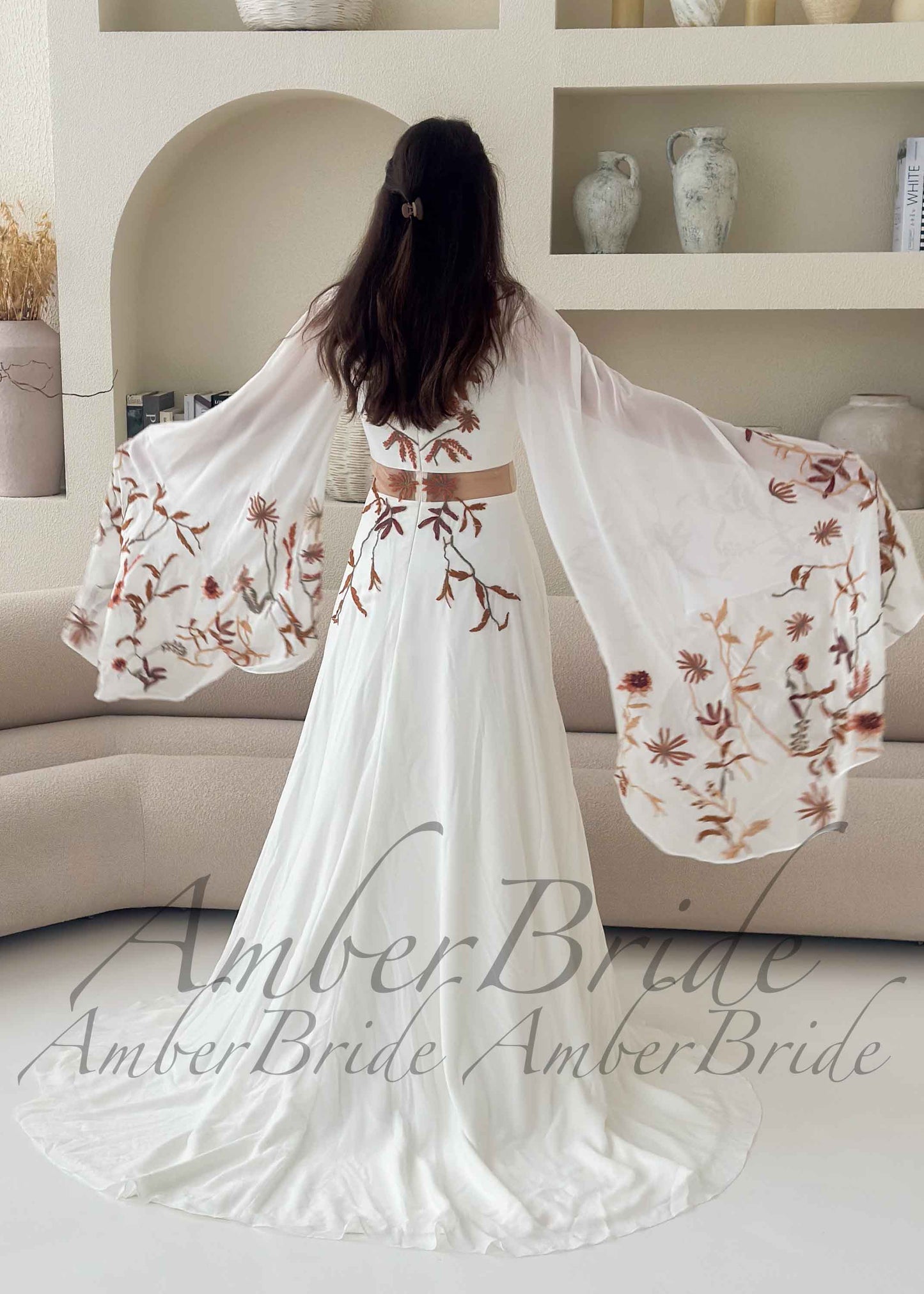 Bohemian Rust Floral Embroidered Wedding Dress with Dramatic Wing Sleeves