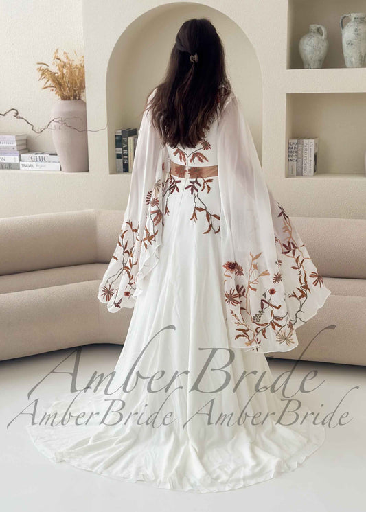 Bohemian Rust Floral Embroidered Wedding Dress with Dramatic Wing Sleeves