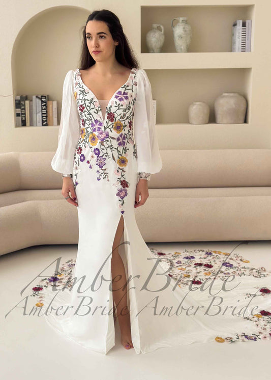 Modern Mermaid Wedding Dress with Multicolored Floral Embroidery and Long Puff Sleeves