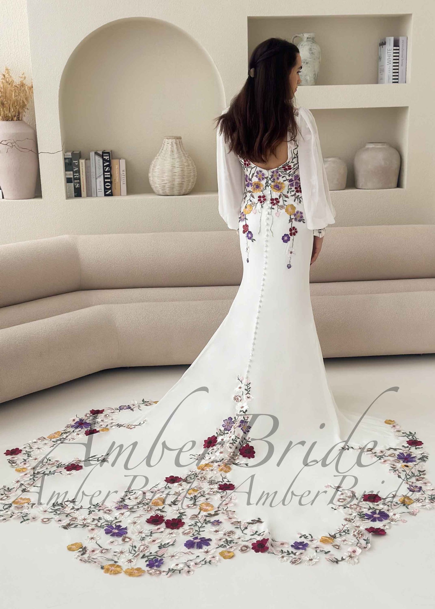 Modern Mermaid Wedding Dress with Multicolored Floral Embroidery and Long Puff Sleeves