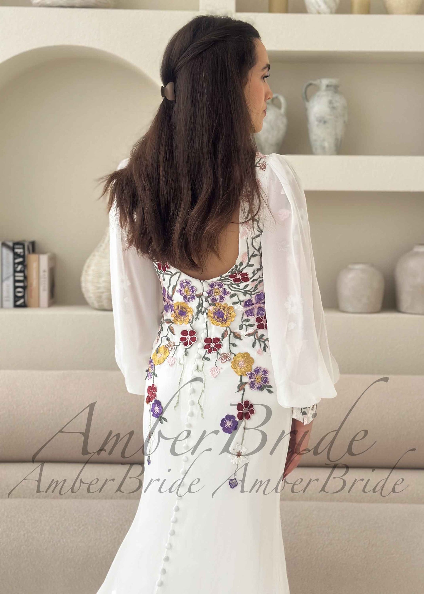 Modern Mermaid Wedding Dress with Multicolored Floral Embroidery and Long Puff Sleeves