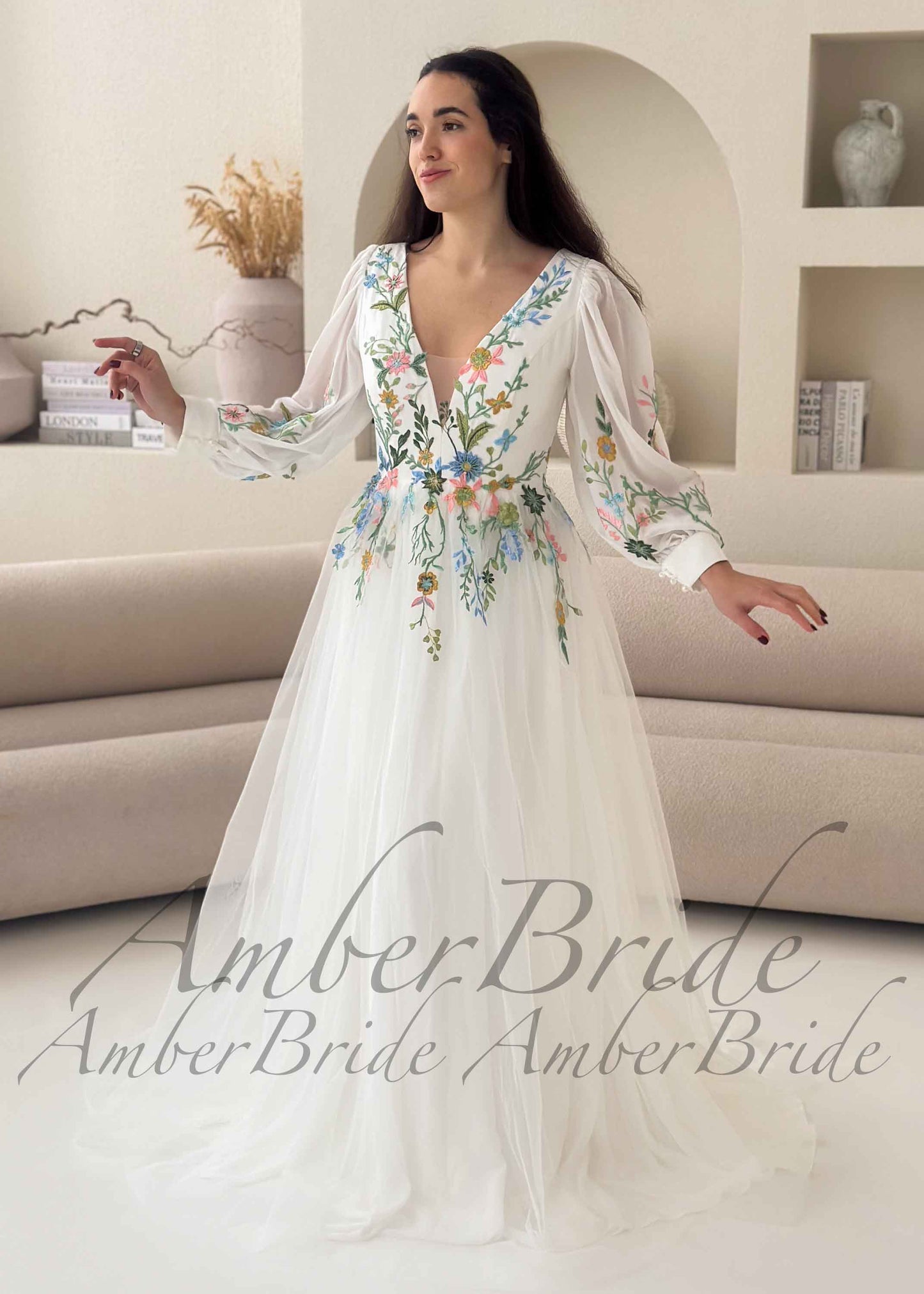 Romantic Colorful Floral Embroidered A-Line Tulle Wedding Dress